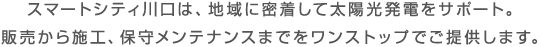 スマートシティ川口は、地域に密着して太陽光発電をサポート。
販売から施工、保守メンテナンスまでをワンストップでご提供します。